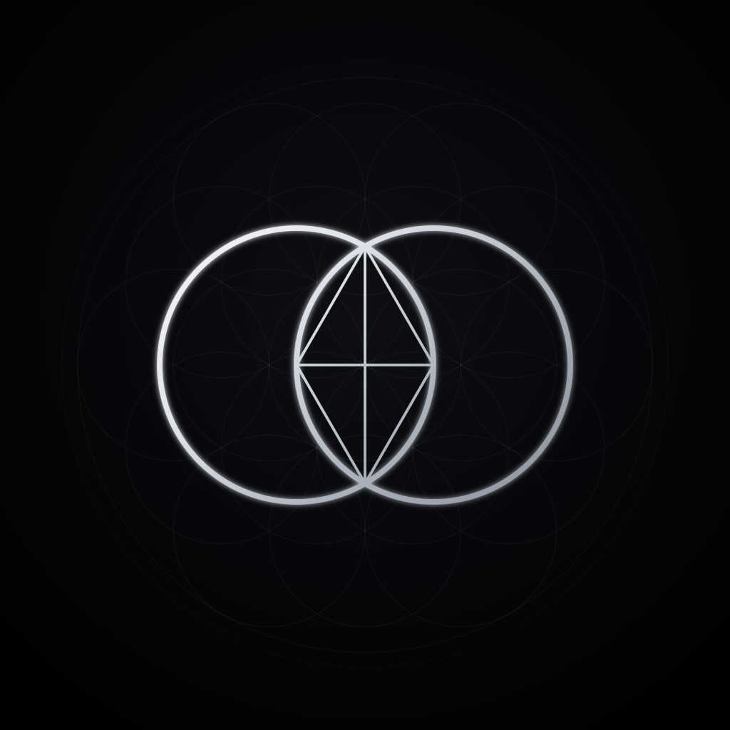 Kunstwerk „Vesica Piscis“ – zwei vereinigte Silberkreise mit Konstruktionslinien, Sagegraph