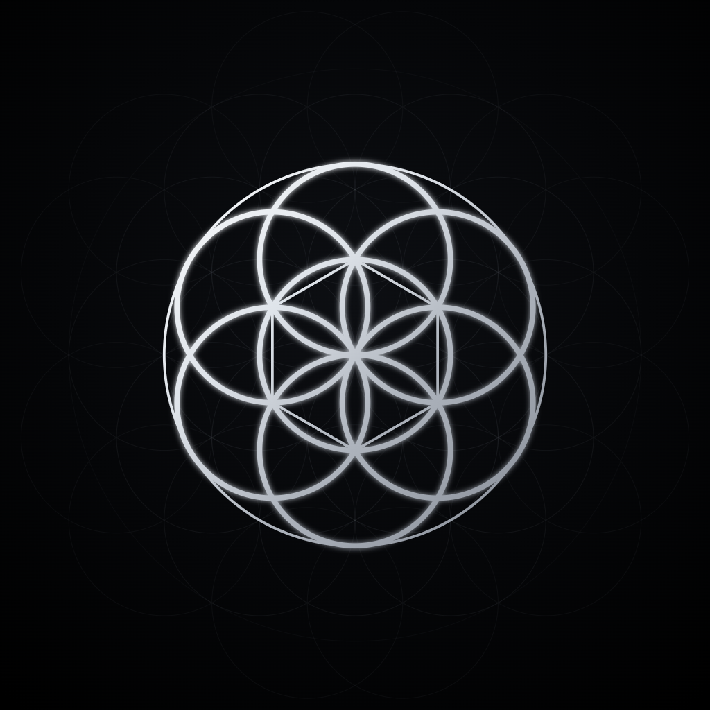 Kunstwerk „Same des Lebens“ – sieben verschränkte Silberkreise, heilige Geometrie von Sagegraph