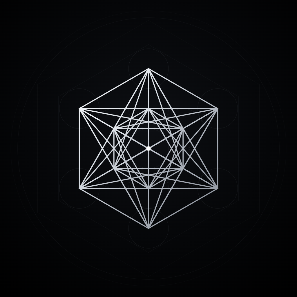 Kunstwerk „Metatrons Würfel“ – dreizehn Silberkreise mit allen Verbindungslinien, Sagegraph