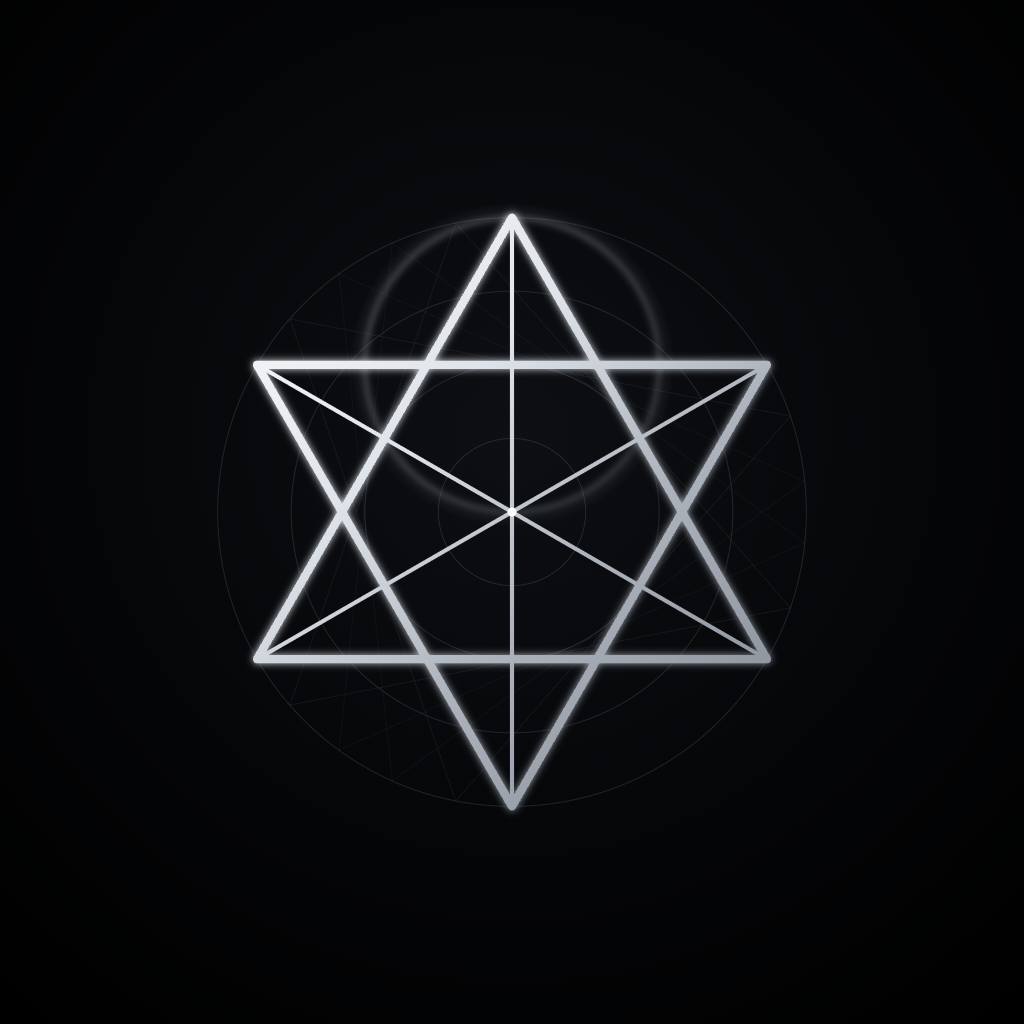 Kunstwerk „Merkaba“ – zwei verschränkte Tetraeder als leuchtender Silberstern, Sagegraph